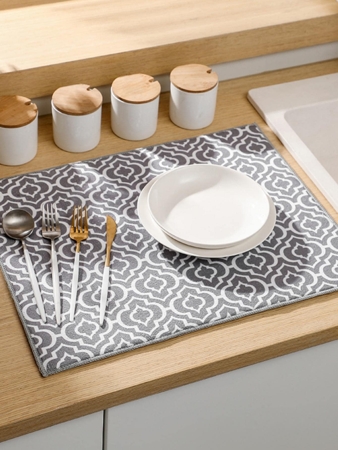 1pc Geometric Pattern Dish Drying Mat - Grey - View 1