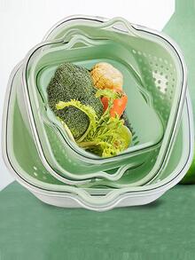 Double Layered Kitchen Multipurpose Strainer Basket For Fruits & Vegetables Washing & Draining, 4pcs Green Set - Green - View 4