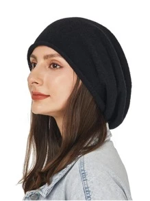 1 件装针织羊毛无檐小便帽女士秋冬保暖柔软卷边仿羊绒宽松无檐小便帽女式 SKullies 帽子休闲 - 黑色 - 查看 12