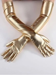 1pair Women's Long Gold Print Shiny Cloth Gloves, Suitable For Parties, Evening Performances - Gold - View 1