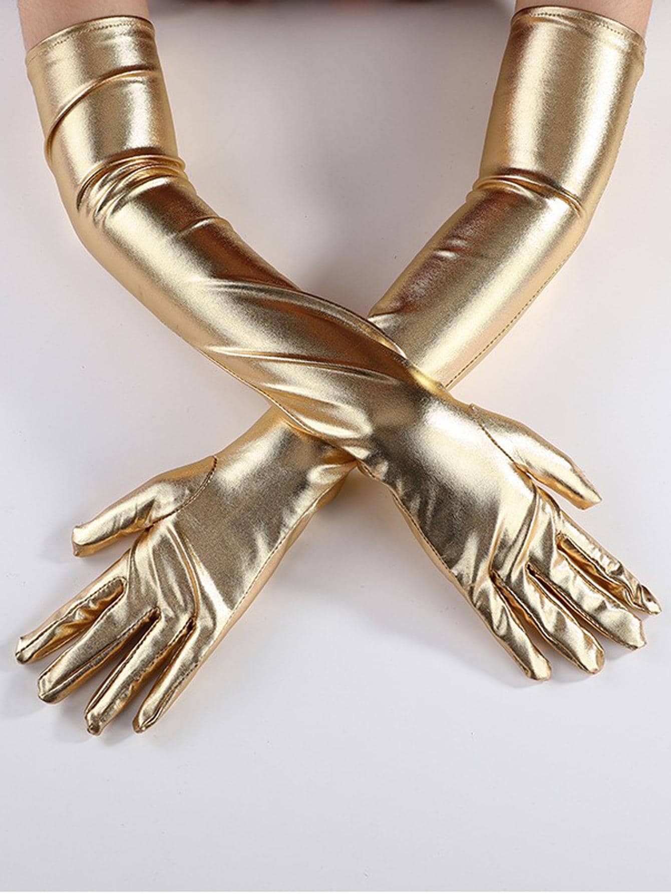 1pair Women's Long Gold Print Shiny Cloth Gloves, Suitable For Parties, Evening Performances - Gold - View 1