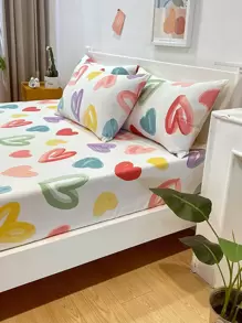 3pcs Heart Print Fitted Sheet Set, 1pc Fitted Sheet And 2pcs Pillowcase, Pillow Insert Not Include, Modern Bedding Set, For Bedroom