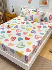 3pcs Heart Print Fitted Sheet Set, 1pc Fitted Sheet And 2pcs Pillowcase, Pillow Insert Not Include, Modern Bedding Set, For Bedroom