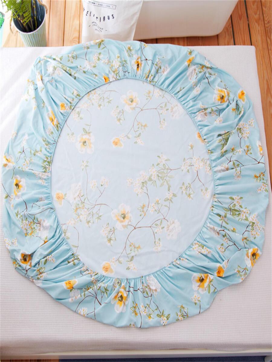 Floral Pattern Fitted Sheet, Blue Fabric Elastic Band Fitted Sheet, For Bedroom - Blue - View 1