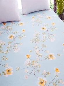 Floral Pattern Fitted Sheet, Blue Fabric Elastic Band Fitted Sheet, For Bedroom - Blue - View 2