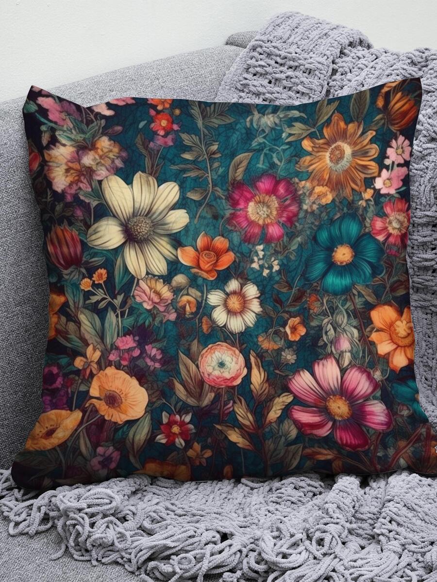 Floral Print Cushion Cover Without Filler, Vintage Linen Throw Pillow Case, For Sofa, Couch