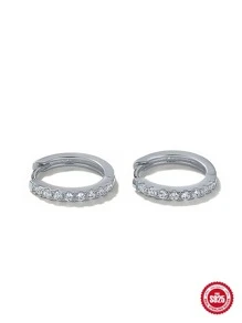 Cubic Zirconia Decor Silver Hoop Earrings - Silver - View 4