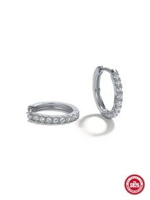 Cubic Zirconia Decor Silver Hoop Earrings - Silver - View 5