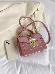 亮片裝飾方包翻蓋PU皮革扭鎖 - 粉色 - 查看 4