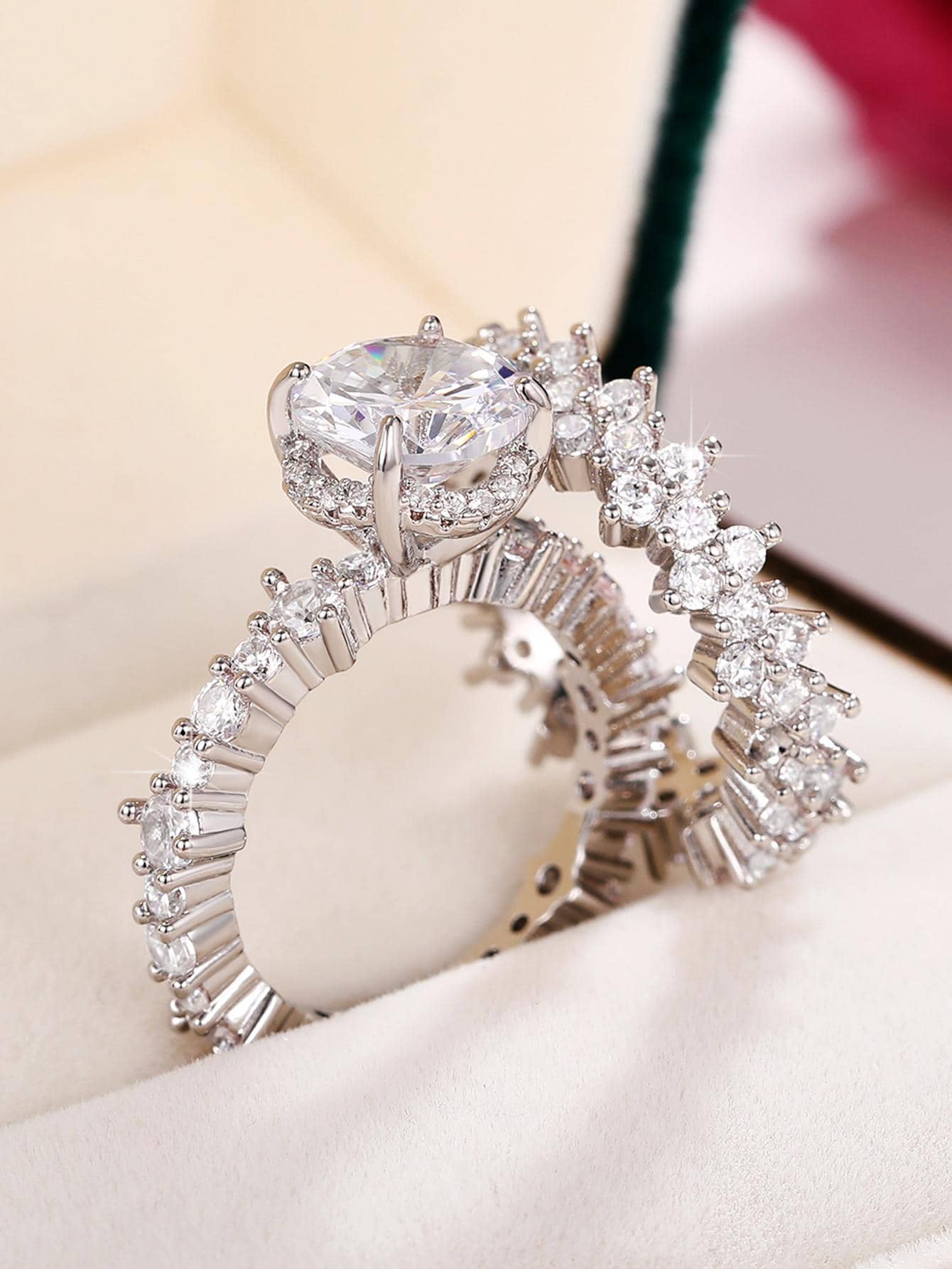 2 ピース/セットグラマラス銅キュービックジルコニア装飾リング女性のための結婚式の装飾 - シルバー - 見る 1