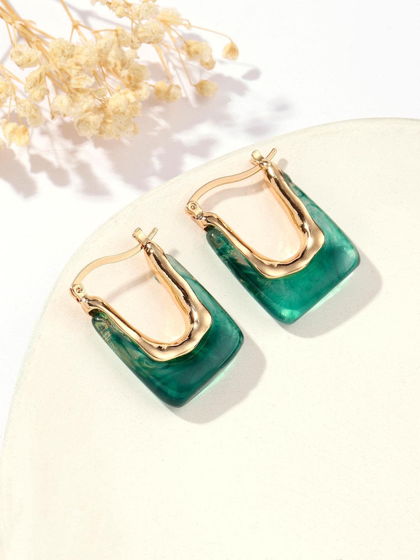 1對波西米亞海灘度假風格幾何形狀圓耳環適合女士 - 綠色 - 查看 1