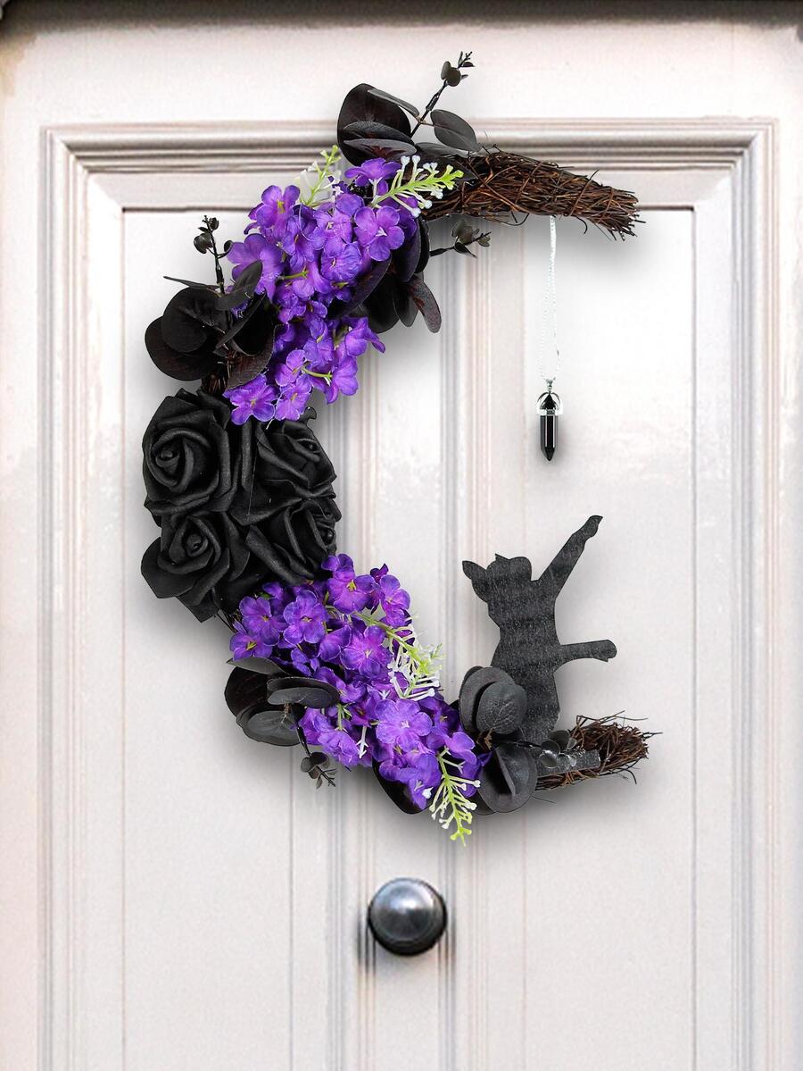 1pc Flower & Cat Decor Wreath - Multicolor - View 1