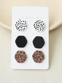 3對幾何六邊形、斑點豹紋、花卉、陶瓷紋理亞克力耳釘 - 彩色 - 查看 1