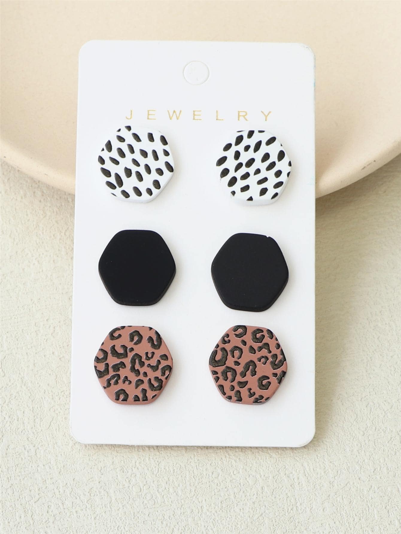 3對幾何六邊形、斑點豹紋、花卉、陶瓷紋理亞克力耳釘 - 彩色 - 查看 1