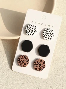3對幾何六邊形、斑點豹紋、花卉、陶瓷紋理亞克力耳釘 - 彩色 - 查看 5