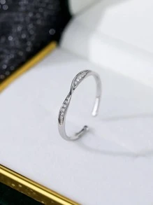 1pc Fashionable Rhinestone Decor Twist Design Adjustable Silver Cuff Ring For Women For Daily Outfit - Silver - View 4