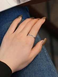1pc Fashionable Rhinestone Decor Twist Design Adjustable Silver Cuff Ring For Women For Daily Outfit - Silver - View 2