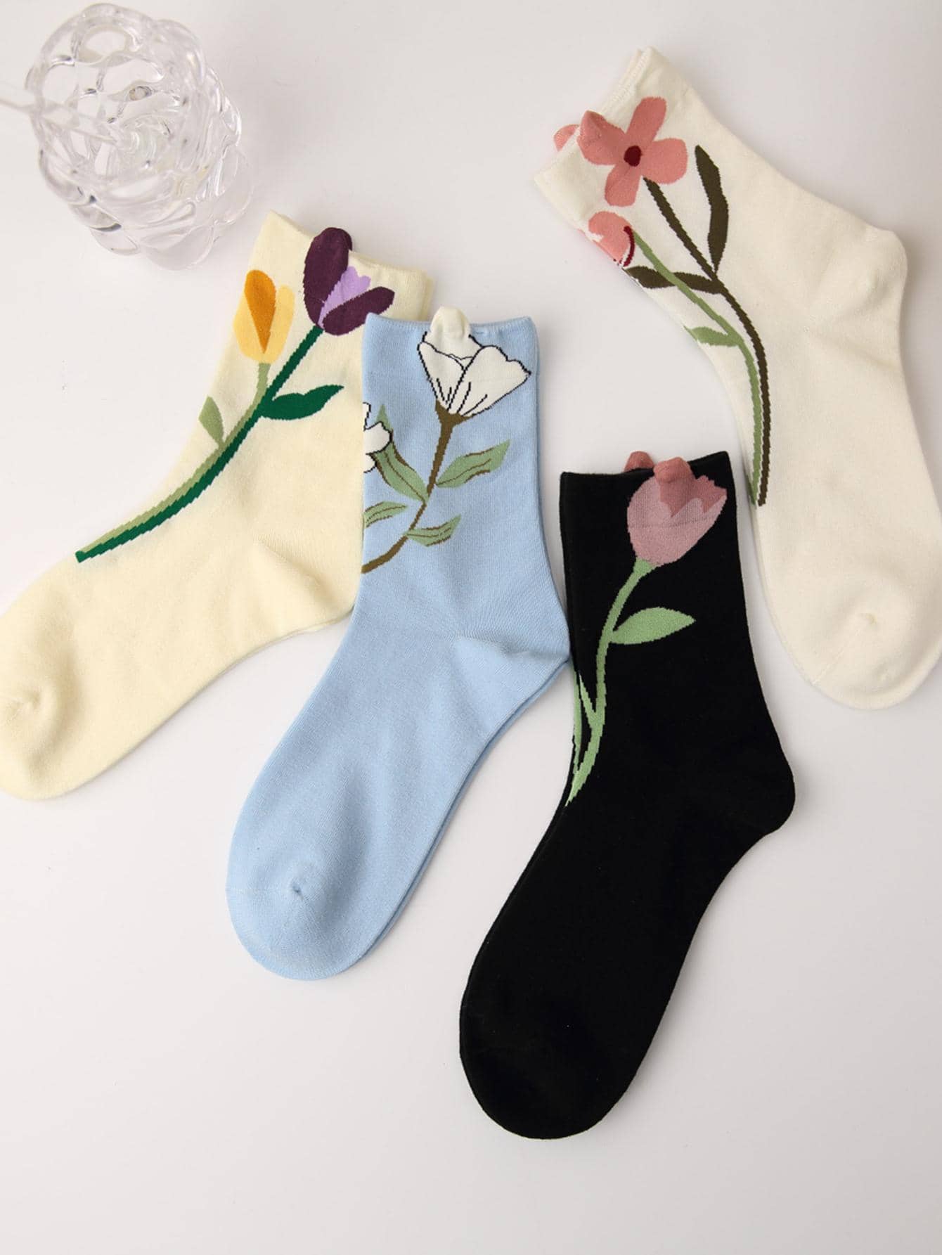 雙裝可愛花朵圖案女式中筒襪 - 彩色 - 查看 1