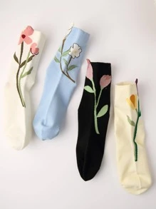 雙裝可愛花朵圖案女式中筒襪 - 彩色 - 查看 6