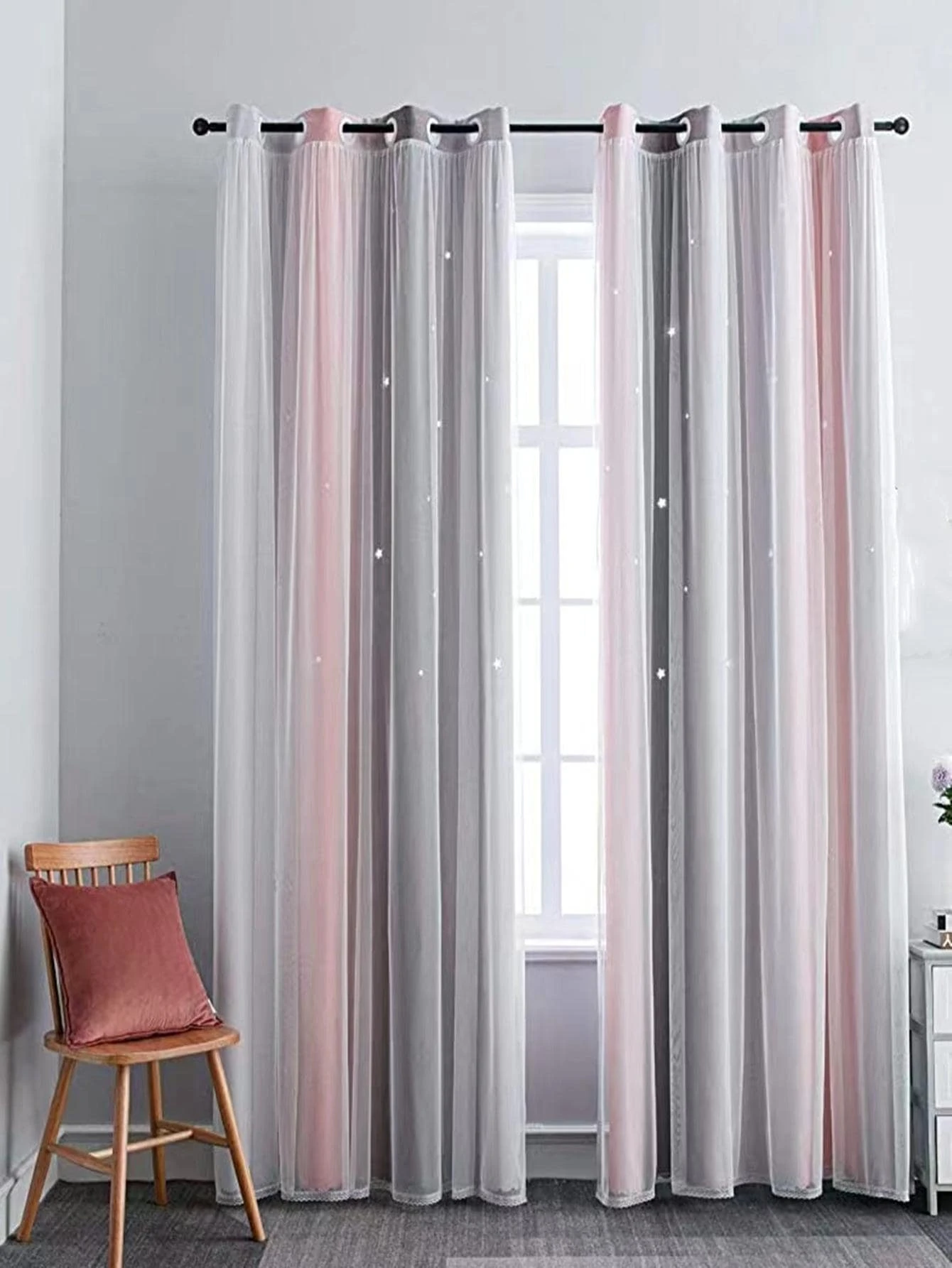滌綸1片現代漸層星星圖案臥室和客廳單面板遮光窗簾 - 灰色 - 查看 1