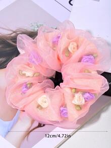 1 cái Trang trí hoa cho phụ nữ Xếp lớp Scrunchies lãng mạn để trang trí hàng ngày - Hồng - Xem 2