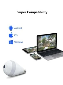 1台E27燈泡攝影機帶360度魚眼鏡頭，雙向音訊對講，多人共享，Wifi連接（僅限2.4GHz），相容於V380 Pro應用程序，支援記憶卡/雲端儲存播放和應用程式提醒（記憶卡不支援）包括）—Sentkeng - 白色 - 查看 6