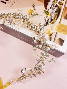 Mujer 1 pieza Diadema nupcial con perla artificial & con diseño de diamante de imitación romántico para boda fiesta - Dorado - Ver 3