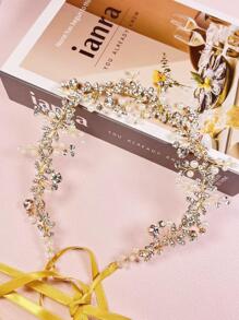 Mujer 1 pieza Diadema nupcial con perla artificial & con diseño de diamante de imitación romántico para boda fiesta - Dorado - Ver 2