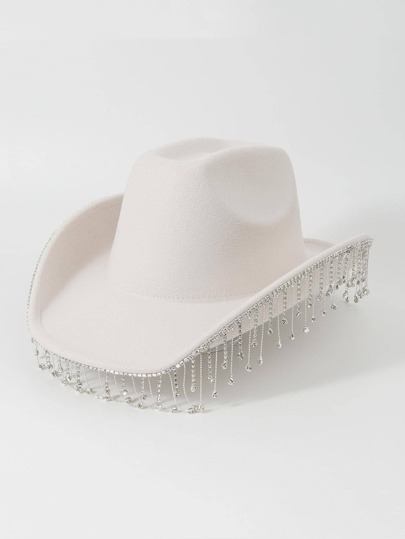 1pc Luxuriant Crystal & Tassel Embellished Cowboy Hat For Women, Jazz Hat, White Cowgirl Hat, Party Rolled Brim Hat, Fashionable Bridal Hats, Couple Hats, Stage Costume Hat