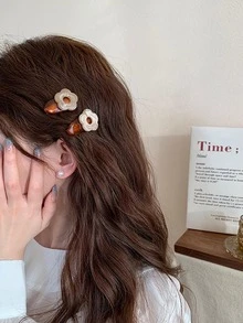 2入組女士花朵裝飾可愛髮夾日常裝飾 - 咖啡棕 - 查看 3