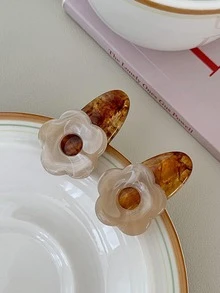 2入組女士花朵裝飾可愛髮夾日常裝飾 - 咖啡棕 - 查看 2