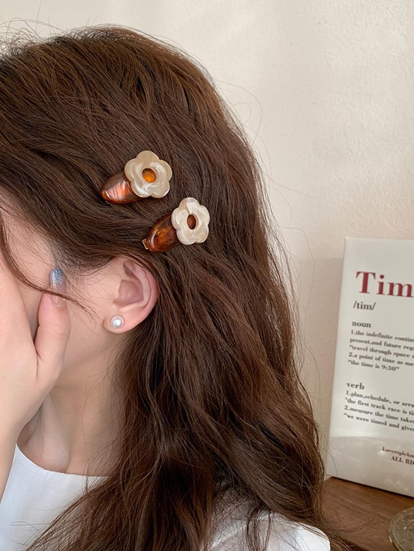 2入組女士花朵裝飾可愛髮夾日常裝飾 - 咖啡棕 - 查看 1