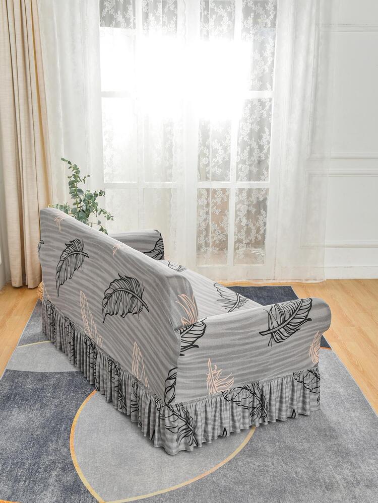 1 Pieza Funda De Sofá Con Faldón Elástico Con Estampado De Plumas Gris - Multicolor - Añade 3
