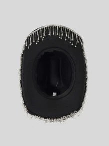1pc Rhinestone Cowgirl Hat And Black Cowboy Hat, Rhinestone Fringe Cowboy Hat For Women Men, Western Cowboy Hat Tassel Decor Sequin Cowboy Fedora Hat For Party - Black - View 3