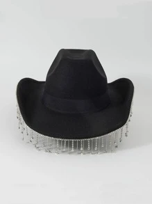 1pc Rhinestone Cowgirl Hat And Black Cowboy Hat, Rhinestone Fringe Cowboy Hat For Women Men, Western Cowboy Hat Tassel Decor Sequin Cowboy Fedora Hat For Party - Black - View 4