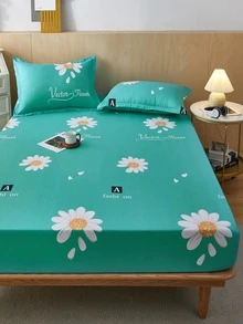 1pc Letter Graphic & Flower Pattern Fitted Sheet, Fashionable Fabric Fitted Bottom Sheet For Home - Teal Blue - View 5