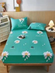 1pc Letter Graphic & Flower Pattern Fitted Sheet, Fashionable Fabric Fitted Bottom Sheet For Home - Teal Blue - View 4