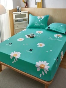 1pc Letter Graphic & Flower Pattern Fitted Sheet, Fashionable Fabric Fitted Bottom Sheet For Home - Teal Blue - View 6