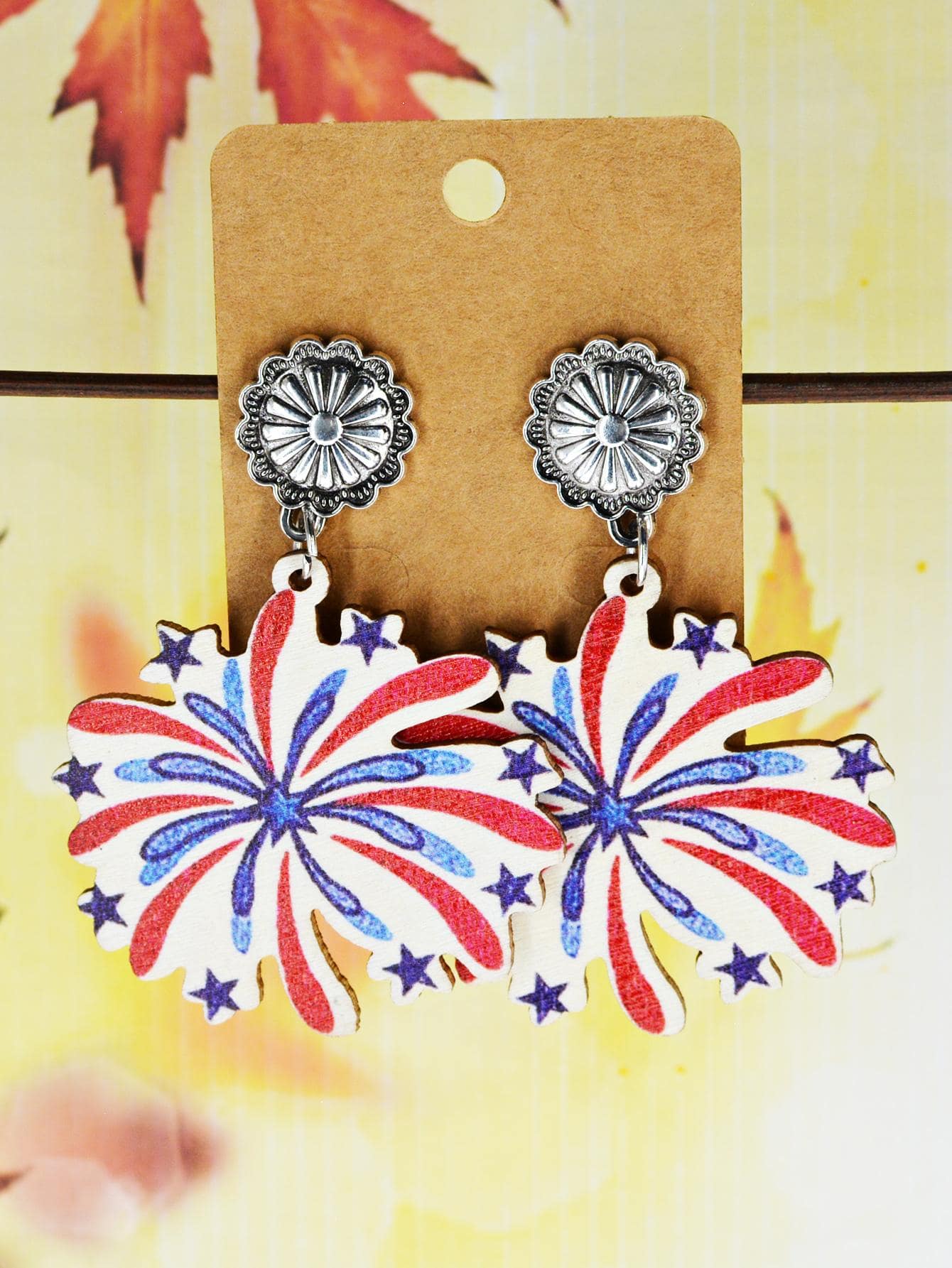 1對獨立日冰淇淋圓錐和焰火木頭印花輕便耳墜適合女士 - 彩色 - 查看 1