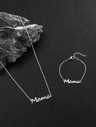 1pc Fashion Stainless Steel Letter MAMA Pendant Necklace & 1pc Chain Bracelet For Women For Mother's Day Gift
