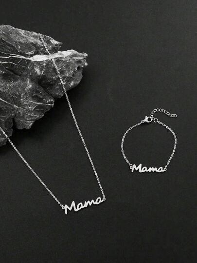 1pc Fashion Stainless Steel Letter MAMA Pendant Necklace & 1pc Chain Bracelet For Women For Mother's Day Gift