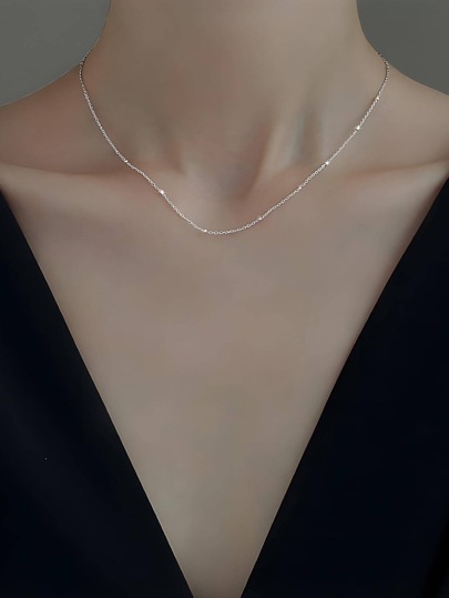 ELSEDES 1pc Simple And luxurious Rhinestone Decor Silver Chain Necklace For Women's Daily Outfit