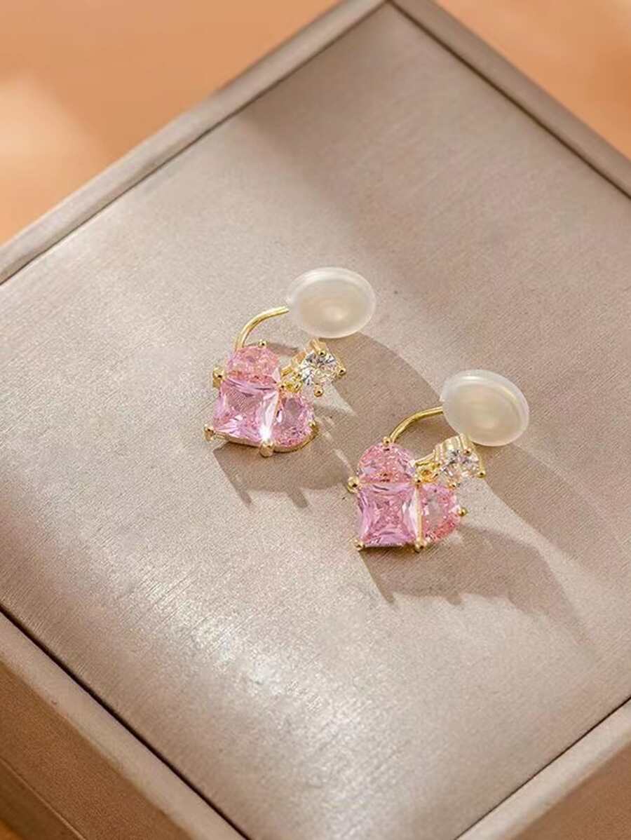 1 cặp khuyên tai trái tim hồng đính đá giả và ngọc trai giả cho nữ, hoa tai thả trái tim tối giản phong cách Hàn Quốc, thiết kế sang trọng nhẹ nhàng làm quà tặng sinh nhật - Hồng - Xem 1