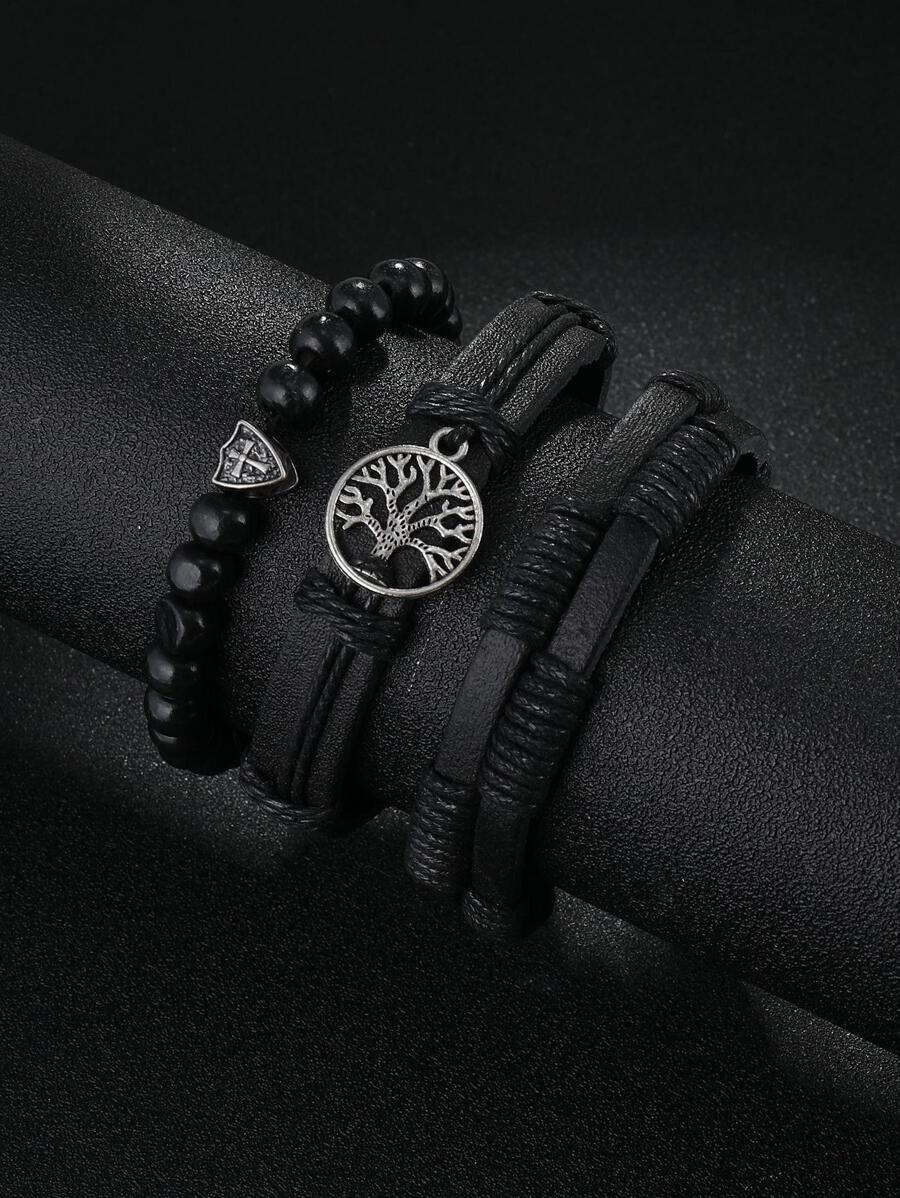 3 cái/bộ Châu âu Và Mỹ Phong cách Bện Nam Bộ vòng đeo tay Với Retro Cây Da giả Đồ treo , Đối với Đồ trang sức Qủa tặng Và Buổi tiệc - màu đen - Xem 1