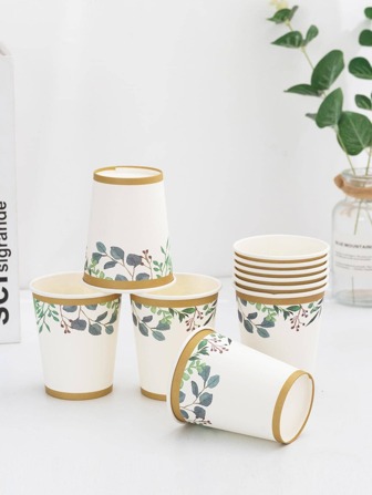10pcs/set Paper Disposable Cup, Modern Plant Pattern Disposable Paper Cup For Party