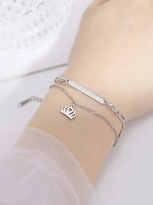 1入組時尚不銹鋼矩形裝飾皇冠吊飾多層手鏈適合女士日常裝飾 - 銀色 - 查看 2