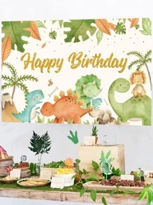 1入綠葉恐龍圖案生日背景布,生日派對裝飾背景布旗幟 - 彩色 - 查看 3