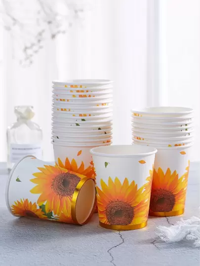 10入組向日葵圖案一次性紙杯派對用紙質便攜式一次性杯子