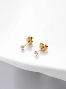 1pair Fashionable Stainless Steel Cubic Zirconia Decor Stud Earrings For Women For Daily Decoration - Yellow Gold - View 1