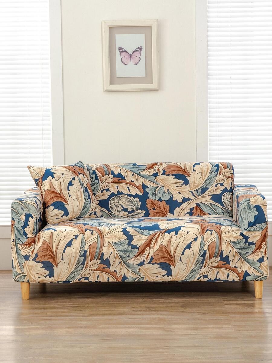 1pc Colorful Leaf Pattern Sofa Cover With 1pc Pillow Case Without Filler, Modern Polyester Sofa Slipcover For Household - Multicolor - View 1